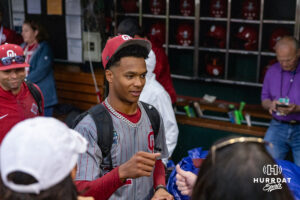 Oklahoma Sooner pitcher Lj Mercurius (22) heads to the locker room after the win against the North Carolina Tar Heels during the Finals of the College World Series baseball tournament on Saturday, June 20, 2026, in Omaha, Neb. Photo by John S. Peterson.