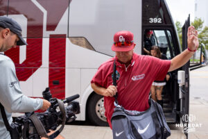 Oklahoma Sooner head coach Skip Johnson arrivesa at the stadium to take on the North Carolina Tar Heels during game two of the Finals of the College World Series baseball tournament on Sunday, June 21, 2026, in Omaha, Neb. Photo by John S. Peterson.