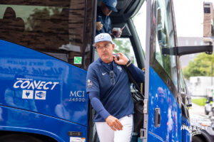 North Carolina Tar Heel head coach Scott Forbes arrives to take on the Oklahoma Sooners during game two of the Finals of the College World Series baseball tournament on Sunday, June 21, 2026, in Omaha, Neb. Photo by John S. Peterson.