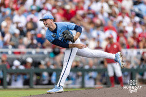 North Carolina Tar Heel pitcher Ryan Lynch (53) throws a pitch against the Oklahoma Sooners in the first inning during game two of the Finals of the College World Series baseball tournament on Sunday, June 21, 2026, in Omaha, Neb. Photo by John S. Peterson.