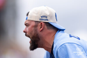 North Carolina Tar Heels fan cheers on his team against the Oklahoma Sooners during game two of the Finals of the College World Series baseball tournament on Sunday, June 21, 2026, in Omaha, Neb. Photo by John S. Peterson.