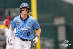 North Carolina Tar Heels Owen Hull (8) rounds the bases after a home run during the fifth inning of a CWS game on June 21, 2026, in Omaha, Nebraska. Photo by Brandon Tiedemann.