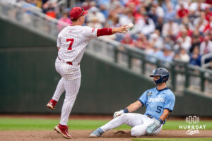 Oklahoma Sooners Jaxon Willits (7) throws to first base during the fifth inning of a CWS game on June 21, 2026, in Omaha, Nebraska. Photo by Brandon Tiedemann.