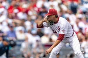 Oklahoma Sooner pitcher Nate Smithburg (54) prepares to thorw a pitch against the North Carolina Tar Heels in the seventh inning during game two of the Finals of the College World Series baseball tournament on Sunday, June 21, 2026, in Omaha, Neb. Photo by John S. Peterson.