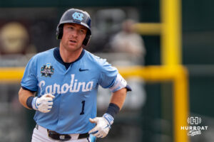 North Carolina Tar Heels Cooper Nicholson (1) rounds teh bases after a home run during the seventh inning of a CWS game on June 21, 2026, in Omaha, Nebraska. Photo by Brandon Tiedemann.