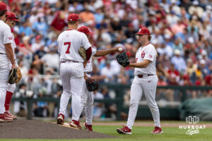 Oklahoma Sooner pitcher Mason Bixby (25) comes in to pitch in the seventh inning against the North Carolina Tar Heels during game two of the Finals of the College World Series baseball tournament on Sunday, June 21, 2026, in Omaha, Neb. Photo by John S. Peterson.