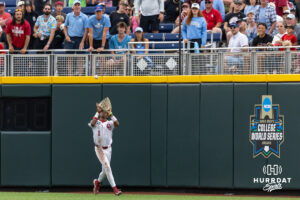 Oklahoma Sooner outfielder Jason Walk (1) makes a catch for an out against the North Carolina Tar Heels in the ninth inning during game two of the Finals of the College World Series baseball tournament on Sunday, June 21, 2026, in Omaha, Neb. Photo by John S. Peterson.