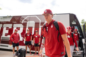 Oklahoma Sooner catcher Deiten Lachance (48) arrives at the stadium to take on the North Carolina Tar Heels during game three of the Finals of the College World Series baseball tournament on Monday, June 22, 2026, in Omaha, Neb. Photo by John S. Peterson.