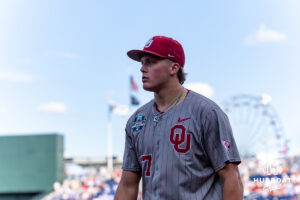 Oklahoma Sooner staring pitcher Nick Wesloski (37) walks down to the dugout for the start of the game against the North Carolina Tar Heels during game three of the Finals of the College World Series baseball tournament on Monday, June 22, 2026, in Omaha, Neb. Photo by John S. Peterson.
