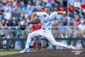 North Carolina Tar Heel starting pitcher Jackson Rose (35) throws a pitch against the Oklahoma Sooners in the first inning during game three of the Finals of the College World Series baseball tournament on Monday, June 22, 2026, in Omaha, Neb. Photo by John S. Peterson.