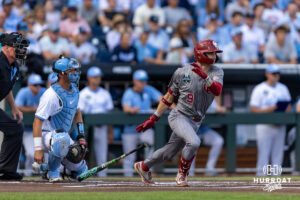 Oklahoma Sooner Camden Johnson (9) doubled in the first inning against the North Carolina Tar Heels during game three of the Finals of the College World Series baseball tournament on Monday, June 22, 2026, in Omaha, Neb. Photo by John S. Peterson.