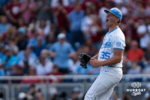 North Carolina Tar Heels Jackson Rose (35) celebrates during the first inning of a CWS game on June 22, 2026, in Omaha, Nebraska. Photo by Brandon Tiedemann.