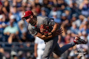 Oklahoma Sooner pitcher Nick Wesloski (37) throws a pitch against the North Carolina Tar Heels in the first inning during game three of the Finals of the College World Series baseball tournament on Monday, June 22, 2026, in Omaha, Neb. Photo by John S. Peterson.