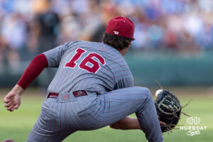 Oklahoma Sooner infielder Dayton Tockey (16) makes a catch for the out at first in the first inning against the North Carolina Tar Heels during game three of the Finals of the College World Series baseball tournament on Monday, June 22, 2026, in Omaha, Neb. Photo by John S. Peterson.