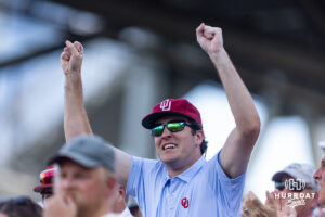 Oklahoma Sooner fan celebrates run against the North Carolina Tar Heels in the second inning during game three of the Finals of the College World Series baseball tournament on Monday, June 22, 2026, in Omaha, Neb. Photo by John S. Peterson.