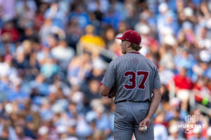 Oklahoma Sooner pitcher Nick Wesloski (37) prepares to throw a pitch in the second inning against the North Carolina Tar Heels during game three of the Finals of the College World Series baseball tournament on Monday, June 22, 2026, in Omaha, Neb. Photo by John S. Peterson.
