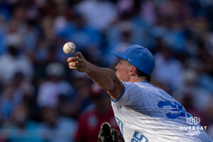 North Carolina Tar Heel pitcher Jackson Rose (35) throws a pitch against the Oklahoma Sooners in the third inning during game three of the Finals of the College World Series baseball tournament on Monday, June 22, 2026, in Omaha, Neb. Photo by John S. Peterson.