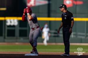Oklahoma Sooner infielder Jaxon Willits (7) celebrates his double against the North Carolina Tar Heels in the third inning during game three of the Finals of the College World Series baseball tournament on Monday, June 22, 2026, in Omaha, Neb. Photo by John S. Peterson.