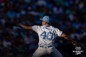 North Carolina Tar Heel pitcher Walker McDuffie (40) throws a pitch against the Oklahoma Sooners in the third inning during game three of the Finals of the College World Series baseball tournament on Monday, June 22, 2026, in Omaha, Neb. Photo by John S. Peterson.