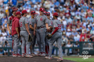 Oklahoma Sooner pitcher Lj Mercurius (22) takes over for Nick Wesloski in the third inning against the North Carolina Tar Heels during game three of the Finals of the College World Series baseball tournament on Monday, June 22, 2026, in Omaha, Neb. Photo by John S. Peterson.