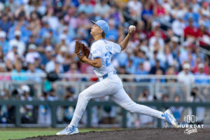 North Carolina Tar Heel pitcher Caden Glauber (27) throws a pitch in the fourth inning against the Oklahoma Sooners during game three of the Finals of the College World Series baseball tournament on Monday, June 22, 2026, in Omaha, Neb. Photo by John S. Peterson.
