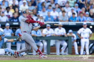 Oklahoma Sooner Jaxon Willits (7) hit a tow-run single in the fourth inning against the North Carolina Tar Heels during game three of the Finals of the College World Series baseball tournament on Monday, June 22, 2026, in Omaha, Neb. Photo by John S. Peterson.