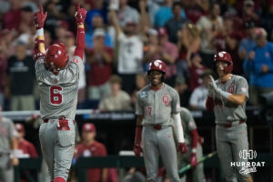 Oklahoma Sooners Kyle Branch (6) celebrates a home run during the eigth inning of a CWS game on June 22, 2026, in Omaha, Nebraska. Photo by Brandon Tiedemann.