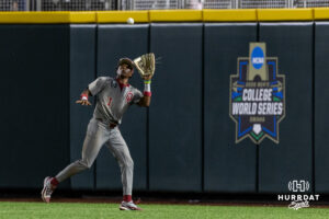 Oklahoma Sooner outfielder Jason Walk (1) makes a catch for an out against the North Carolina Tar Heels in the eighth inning during game three of the Finals of the College World Series baseball tournament on Monday, June 22, 2026, in Omaha, Neb. Photo by John S. Peterson.