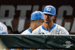 North Carolina Tar Heels Kyle Percival (26) cries after a CWS game on June 22, 2026, in Omaha, Nebraska. Photo by Brandon Tiedemann.
