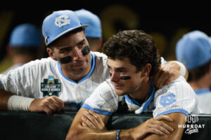 North Carolina Tar Heels cry after a CWS game on June 22, 2026, in Omaha, Nebraska. Photo by Brandon Tiedemann.