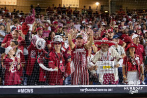 Oklahoma Sooner fans celebrate the win over the North Carolina Tar Heels for the National Championship during game three of the Finals of the College World Series baseball tournament on Monday, June 22, 2026, in Omaha, Neb. Photo by John S. Peterson.