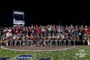 Oklahoma Sooners pose for a team photo after winning the National Championship against the North Carolina Tar Heels during game three of the Finals of the College World Series baseball tournament on Monday, June 22, 2026, in Omaha, Neb. Photo by John S. Peterson.