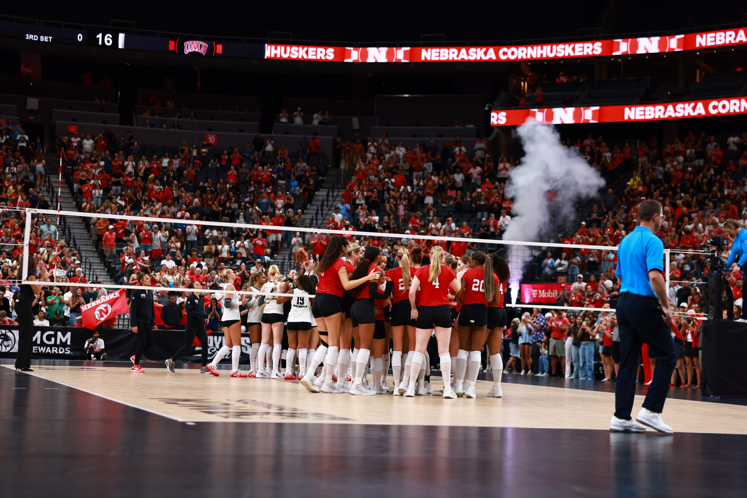 Nebraska celebrates after sweeping UNLV in the Players Era Volleyball Showcase at T-Mobile Arena in Las Vegas on Saturday, Aug. 29, 2026. Photo by Sean Jorgensen.