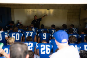 A coach in a black polo shirt points at a whiteboard reading 'The Standard Is The Standard' while a group of players in blue jerseys kneel and listen.