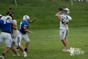 A quarterback in white winds up to throw a pass while a defender in blue closes in and linemen block near the line of scrimmage.