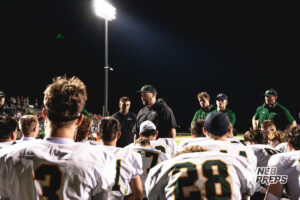 Gretna head coach Joe Dalton addresses his team after a high school football game between the Griffins and Dragons Friday, September 11, 2026, in Gretna, Nebraska. Photo by Robert Olvera