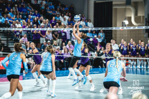 Katie Dalton (5) sets up her team for a point in a home game against the Kansas State Wildcats on September 18, 2026 in Omaha, Nebraska. Photo by Rob Olvera.