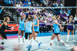 Eloise Brandewie (10) embraces the team after starting with good momentum in an away game against the Creighton Bluejays on September 18, 2026 in Omaha, Nebraska. Photo by Rob Olvera.
