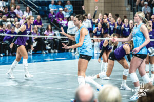 Eloise Brandewie (10) calms the team after the Wildcats begin to take the lead in a home game against the Kansas State Wildcats on September 18, 2026 in Omaha, Nebraska. Photo by Rob Olvera.