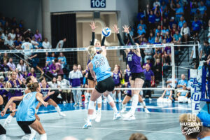 Ashlyn Paymal (22) gets another point for the Bluejays in a home game against the Kansas State Wildcats on September 18, 2026 in Omaha, Nebraska. Photo by Rob Olvera.