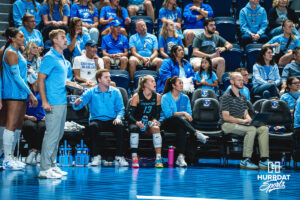 Saige Damrow (13) cheers on the team after being subbed out in a home game against the Kansas State Wildcats on September 18, 2026 in Omaha, Nebraska. Photo by Rob Olvera.