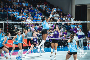 Trinity Shadd-Ceres (0) puts the Bluejays in good position, getting them another dominant point in a home game against the Kansas State Wildcats on September 18, 2026 in Omaha, Nebraska. Photo by Rob Olvera.