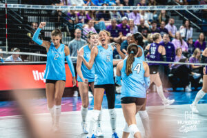 Katie Dalton (5) smiles as the Bluejays take the lead in the first set in a home game against the Kansas State Wildcats on September 18, 2026 in Omaha, Nebraska. Photo by Rob Olvera.