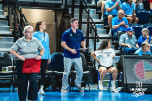 Bluejays Head Coach Brian Rosen smiles at his team after calling a timeout in a home game against the Kansas State Wildcats on September 18, 2026 in Omaha, Nebraska. Photo by Rob Olvera.