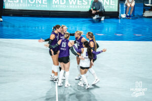 Kansas State Volleyball celebrate as they make set 1 very close in an away game against the Creighton Bluejays on September 18, 2026 in Omaha, Nebraska. Photo by Rob Olvera.