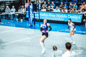 Addison Massey watches the serve fly past in an away game against the Creighton Bluejays on September 18, 2026 in Omaha, Nebraska. Photo by Rob Olvera.