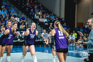 Addison Massey (15) screams in hype at Skylar Brady (11) in an away game against the Creighton Bluejays on September 18, 2026 in Omaha, Nebraska. Photo by Rob Olvera.