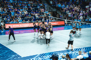 Kansas State Wildcats win the final set in an away game against the Creighton Bluejays on September 18, 2026 in Omaha, Nebraska. Photo by Rob Olvera.