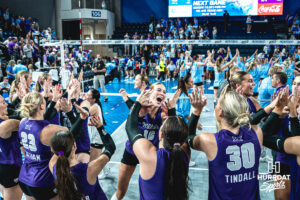 Kansas State Wildcats win the final set in an away game against the Creighton Bluejays on September 18, 2026 in Omaha, Nebraska. Photo by Rob Olvera.