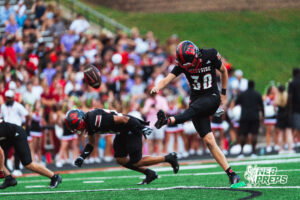 Westside's kicker #30 Charlie Oakes kicks off the ball, during a High School Football game, Friday, September 18th, 2026, in Omaha, Nebraska. Photo by Nick Barajas.